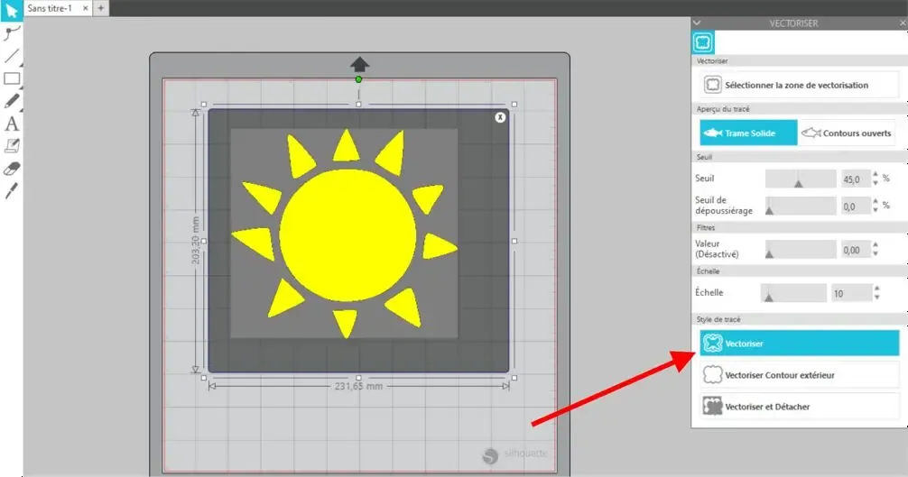 Capture de Silhouette Studio : dessin de soleil jaune et flèche vers l'option « Vectoriser » du panneau de vectorisation