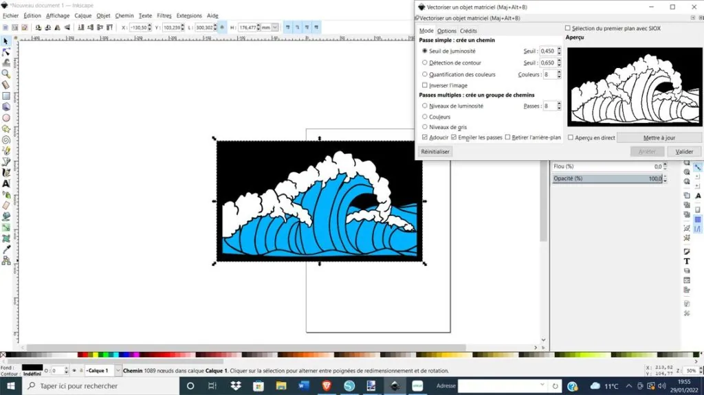 Vectorisation d'un logo de vague dans Inkscape avec l'outil Vectoriser un objet matriciel