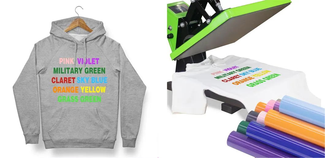 Sweat gris floqué de textes en flex coloré et presse à chaud posée sur un t-shirt blanc avec rouleaux de flex