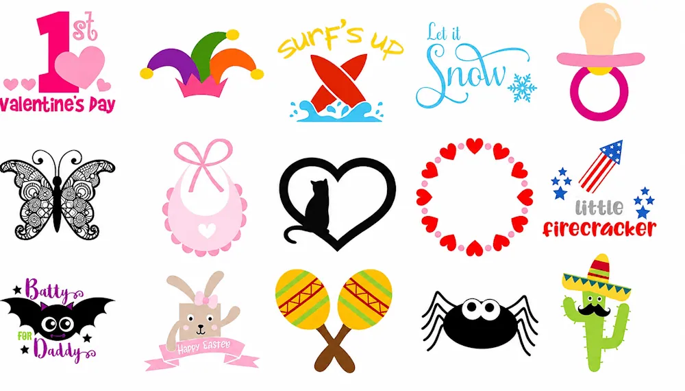Aperçu de motifs SVG gratuits : Saint-Valentin, papillon, chauve-souris, maracas, cactus, araignée