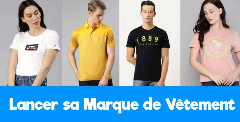 Bannière « Lancer sa marque de vêtement » : quatre mannequins en t-shirts blanc, jaune, noir et rose à logo