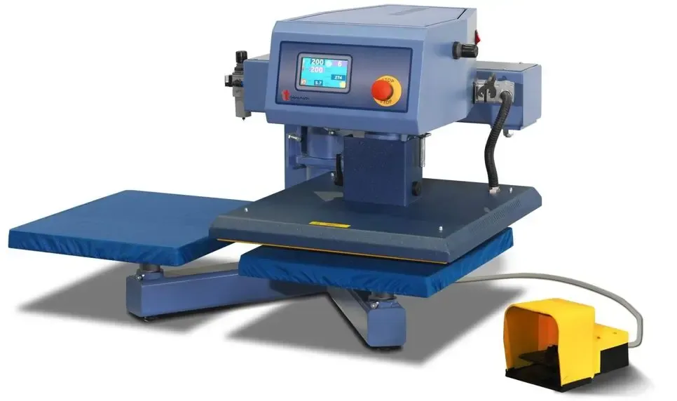 Presse à chaud professionnelle pneumatique bleue à double plateau et pédale jaune