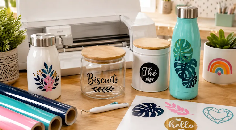 Gourdes, bocal « Biscuits » et boîte « Thé » décorés de vinyle adhésif devant une machine Cricut