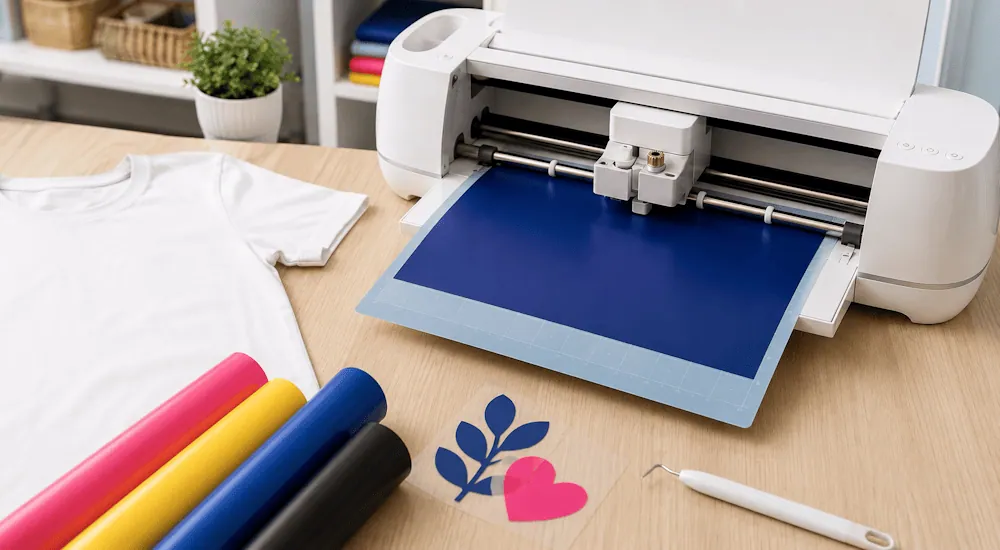 Machine Cricut découpant du flex thermocollant bleu marine, t-shirt blanc et rouleaux colorés à côté