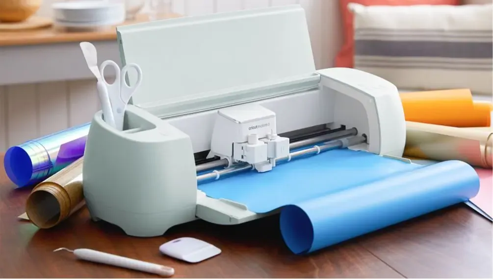 Cricut Explore 3 découpant du flex bleu, entourée de rouleaux et d'outils d'échenillage