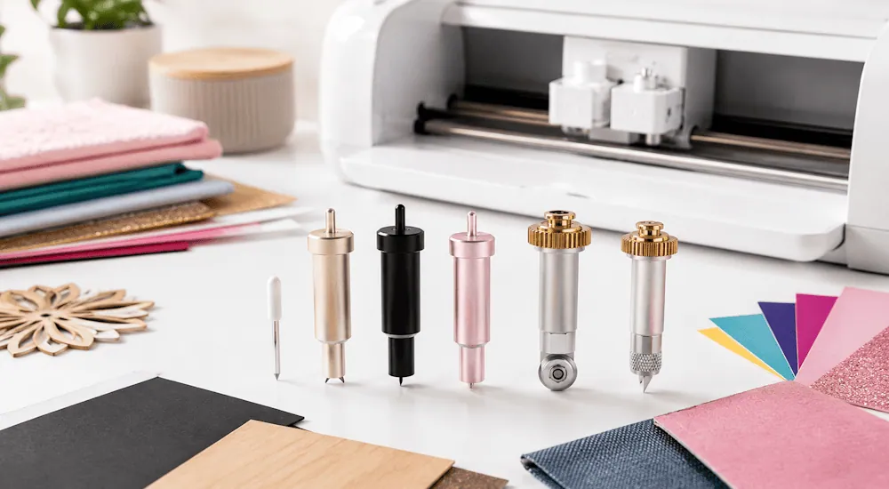 Six lames et porte-lames Cricut alignés devant une machine Cricut, avec feuilles de matériaux à découper
