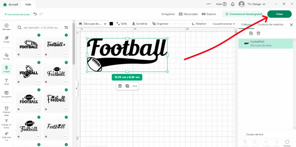 Cricut Design Space : motif « Football » sur la toile, flèche vers le bouton Créer