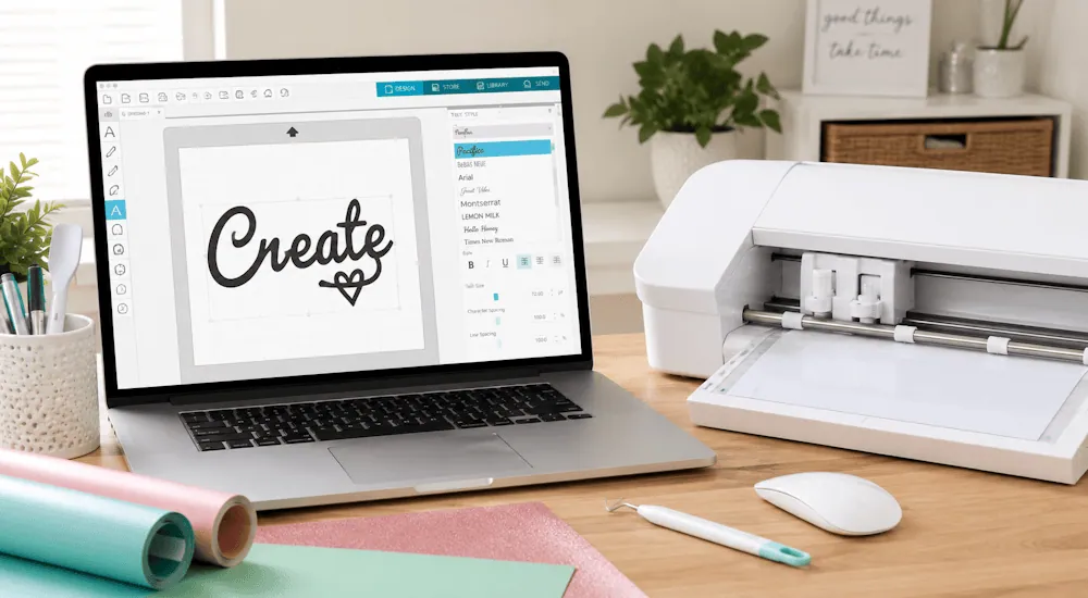 Ordinateur affichant le mot « Create » dans Silhouette Studio, à côté d'une machine Silhouette Caméo