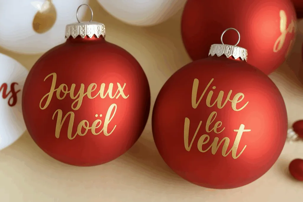 Boules de Noël rouges décorées de stickers dorés « Joyeux Noël » et « Vive le vent »