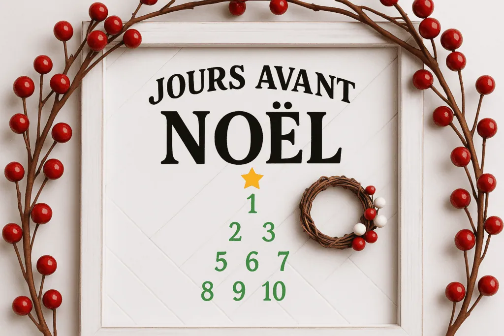 Cadre compte à rebours « Jours avant Noël », chiffres en vinyle formant un sapin, entouré d'une couronne de baies