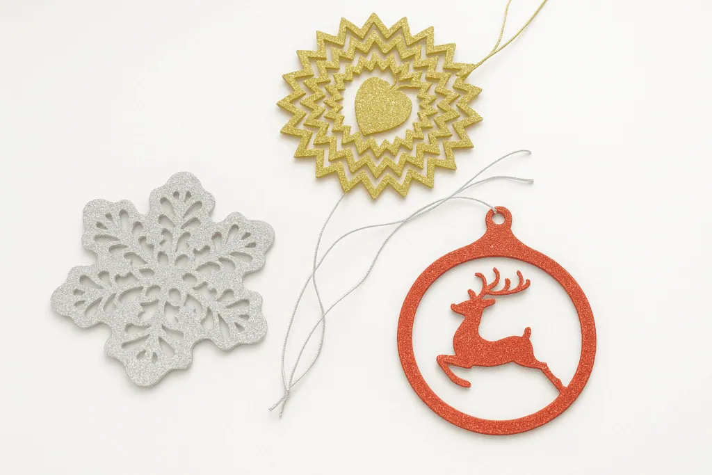 Décorations de sapin en papier pailleté découpé : soleil doré, flocon argenté et boule rouge à renne