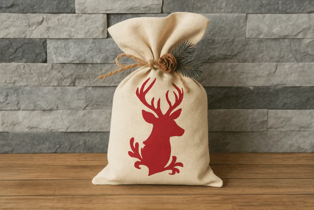 Sac de Noël en toile écrue orné d'une tête de cerf rouge en flex, fermé par une ficelle et une pomme de pin