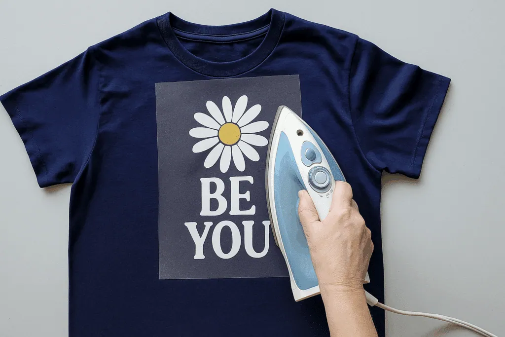 Application au fer à repasser d'un flocage marguerite « Be You » sur un t-shirt bleu marine