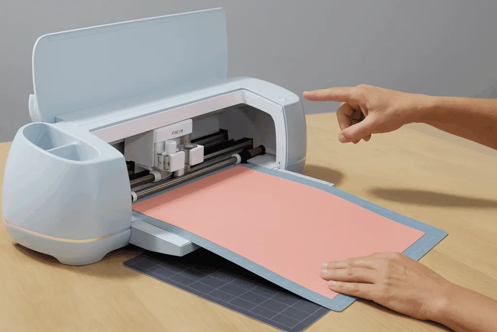 Main guidant un tapis de découpe garni d'une feuille rose saumon dans une machine de découpe Cricut