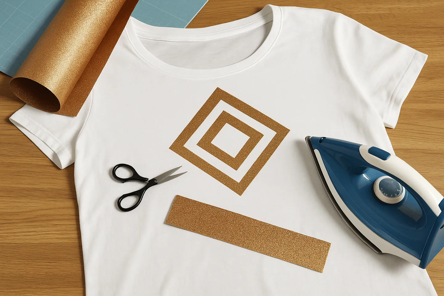 T-shirt blanc avec motif de carrés en flex pailleté doré, chute de flex, ciseaux et fer à repasser