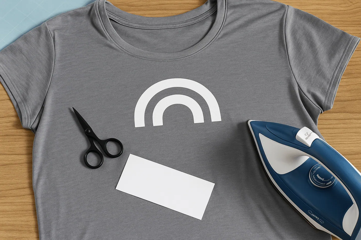T-shirt gris avec arc-en-ciel en flex blanc, bande de flex, ciseaux et fer à repasser prêts pour le flocage