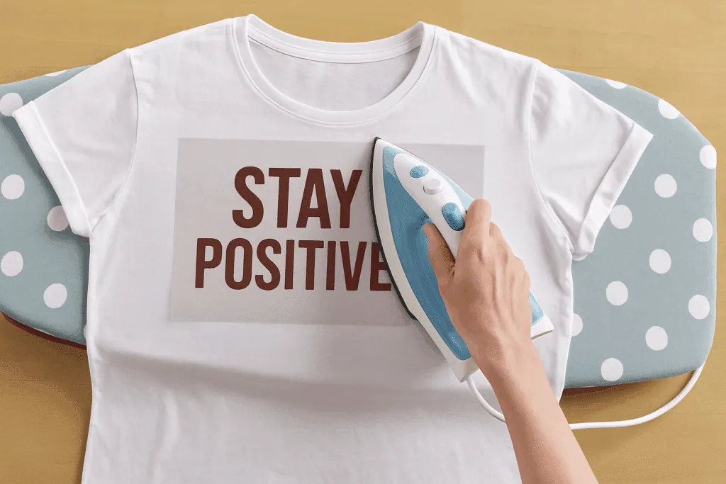 Application au fer à repasser d'un flocage « Stay Positive » sur un t-shirt blanc posé sur une table à repasser