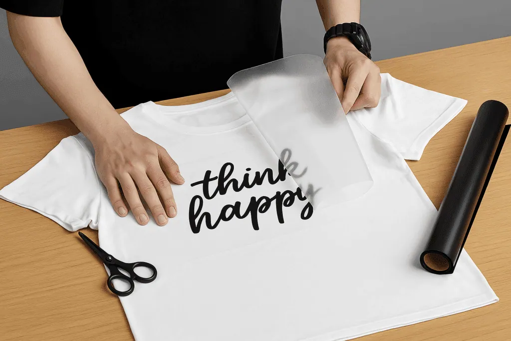 Retrait du film de transfert d'un flocage « think happy » en flex noir sur un t-shirt blanc