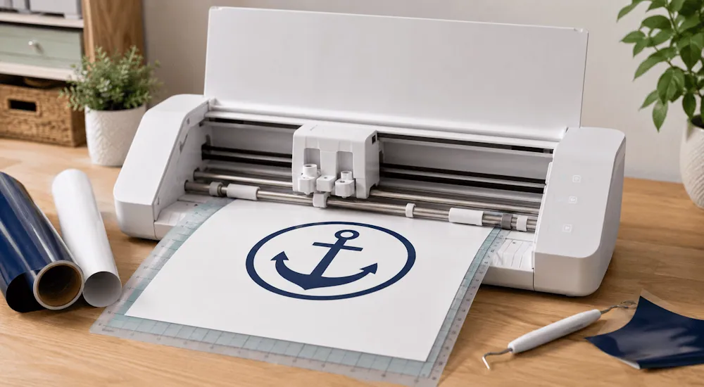 Machine Silhouette Caméo découpant un logo ancre bleu marine sur son tapis de découpe