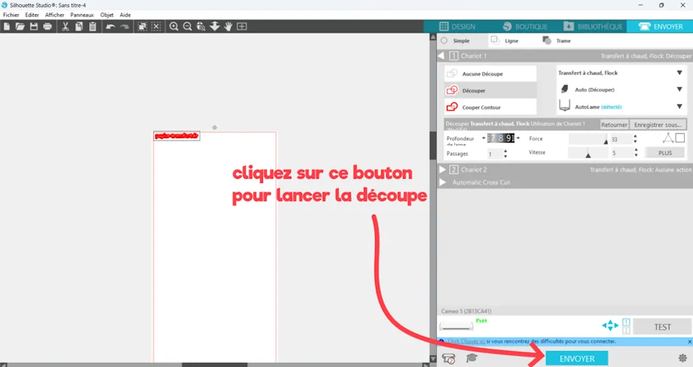 Silhouette Studio, onglet Envoyer : cliquer sur le bouton Envoyer en bas à droite pour lancer la découpe