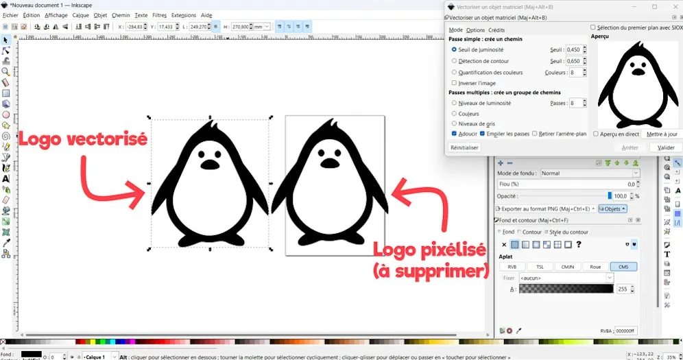 Inkscape : logo pingouin vectorisé à gauche, logo pixélisé d'origine à droite à supprimer
