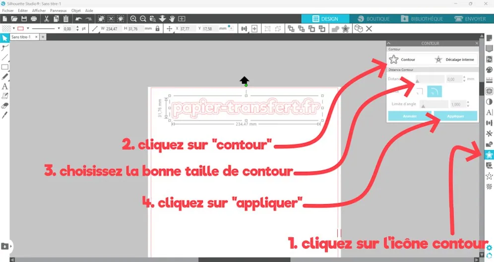 Silhouette Studio : icône Contour, choix de la taille du contour autour du texte, puis « Appliquer »