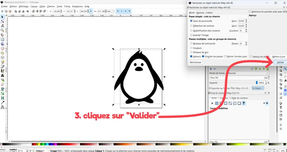 Inkscape : cliquer sur « Valider » dans la fenêtre Vectoriser un objet matriciel pour vectoriser le pingouin