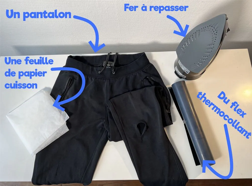 Accessoires pour réparer un trou de pantalon avec du flex thermocollant