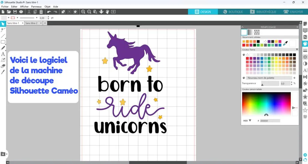 Motif licorne « born to ride unicorns » ouvert dans Silhouette Studio, le logiciel de la Silhouette Caméo