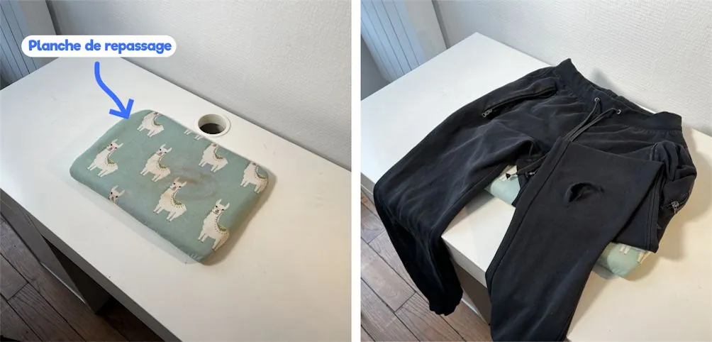 Planche de repassage posée sur la table, puis pantalon noir troué étalé dessus