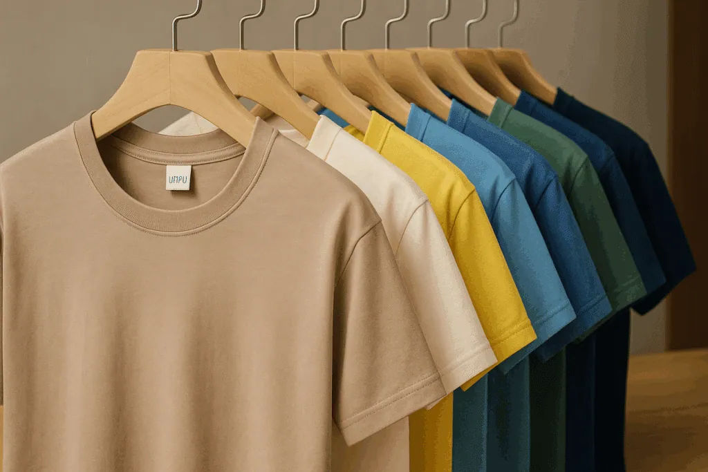 T-shirts unis beige, jaune, bleus, vert et marine alignés sur des cintres, prêts à personnaliser
