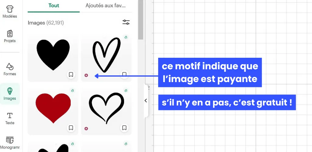 Cricut Design Space : un petit symbole sous une image signale un motif payant, sans symbole il est gratuit