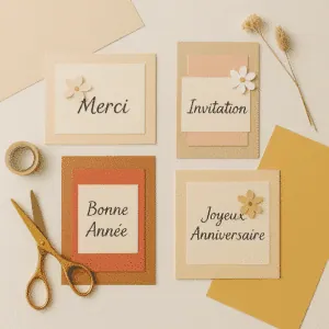 Cartes « Merci », « Invitation », « Bonne Année » et « Joyeux Anniversaire » réalisées à la Cricut