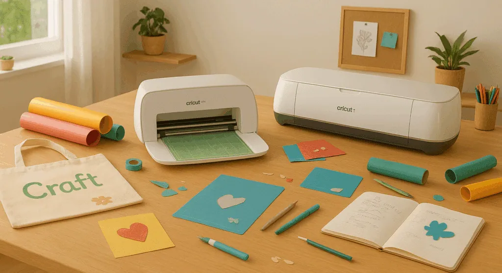 Deux machines Cricut entourées de créations : tote bag « Craft », cartes à cœur et rouleaux de vinyle