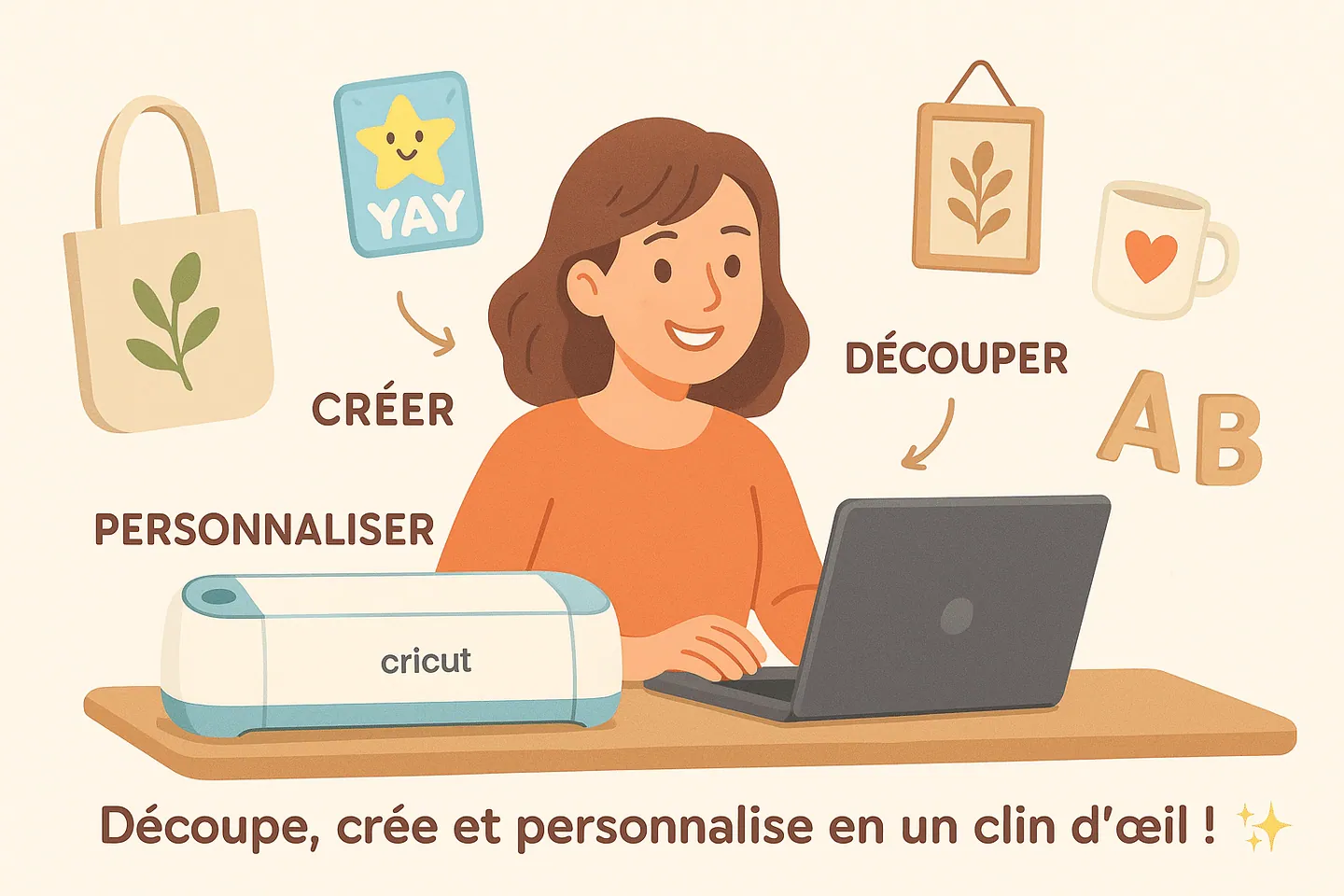 Illustration d'une femme avec Cricut et ordinateur : « Découpe, crée et personnalise en un clin d'œil ! »