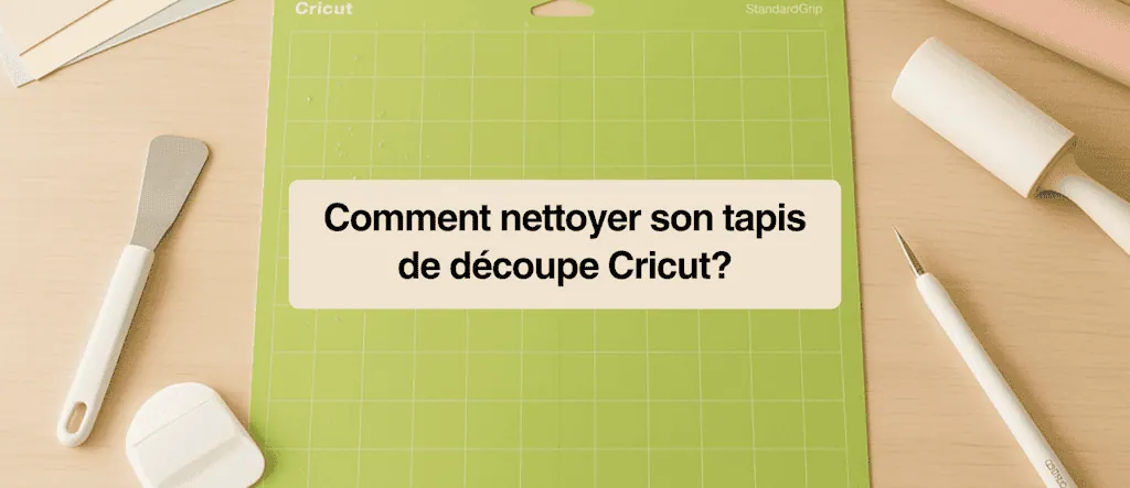 Tapis de découpe Cricut vert entouré d'une spatule, d'un grattoir et d'un rouleau adhésif pour le nettoyer