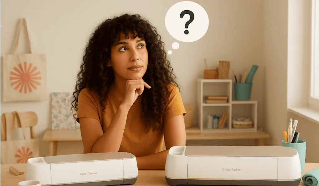 Femme pensive, bulle avec point d'interrogation, devant deux machines de découpe Cricut