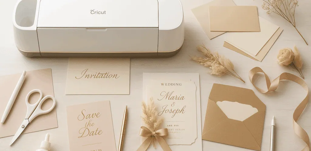 Machine Cricut entourée de faire-part de mariage beige et doré, « Save the Date », enveloppe kraft et fleurs séchées