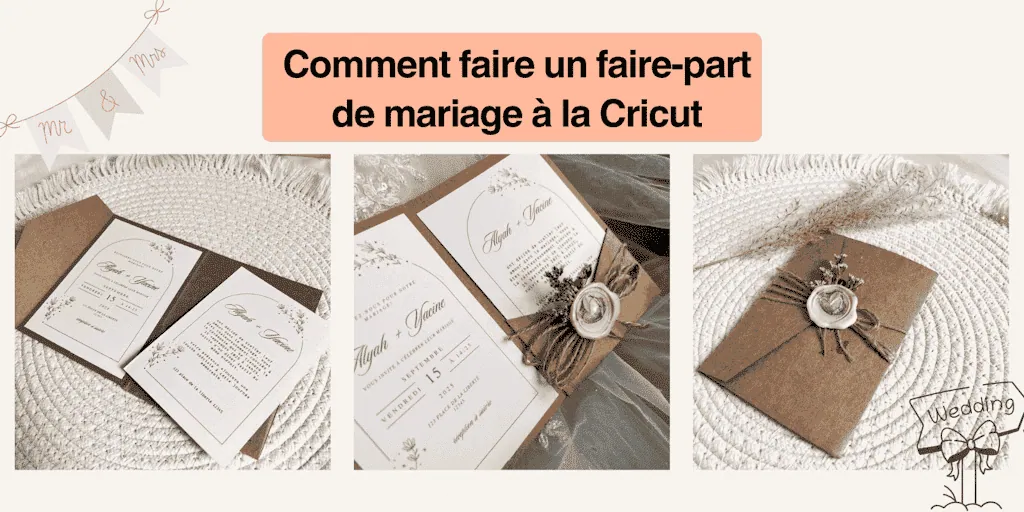 Bannière « Comment faire un faire-part de mariage à la Cricut » avec trois faire-part : dentelle, fleurs séchées, kraft