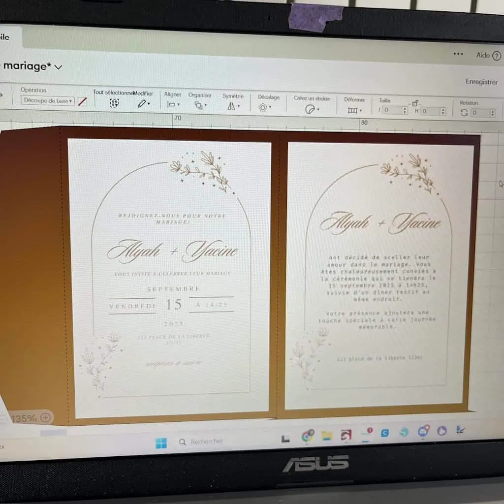 Faire-part « Alyah + Yacine » du 15 septembre 2025 mis en page dans Cricut Design Space