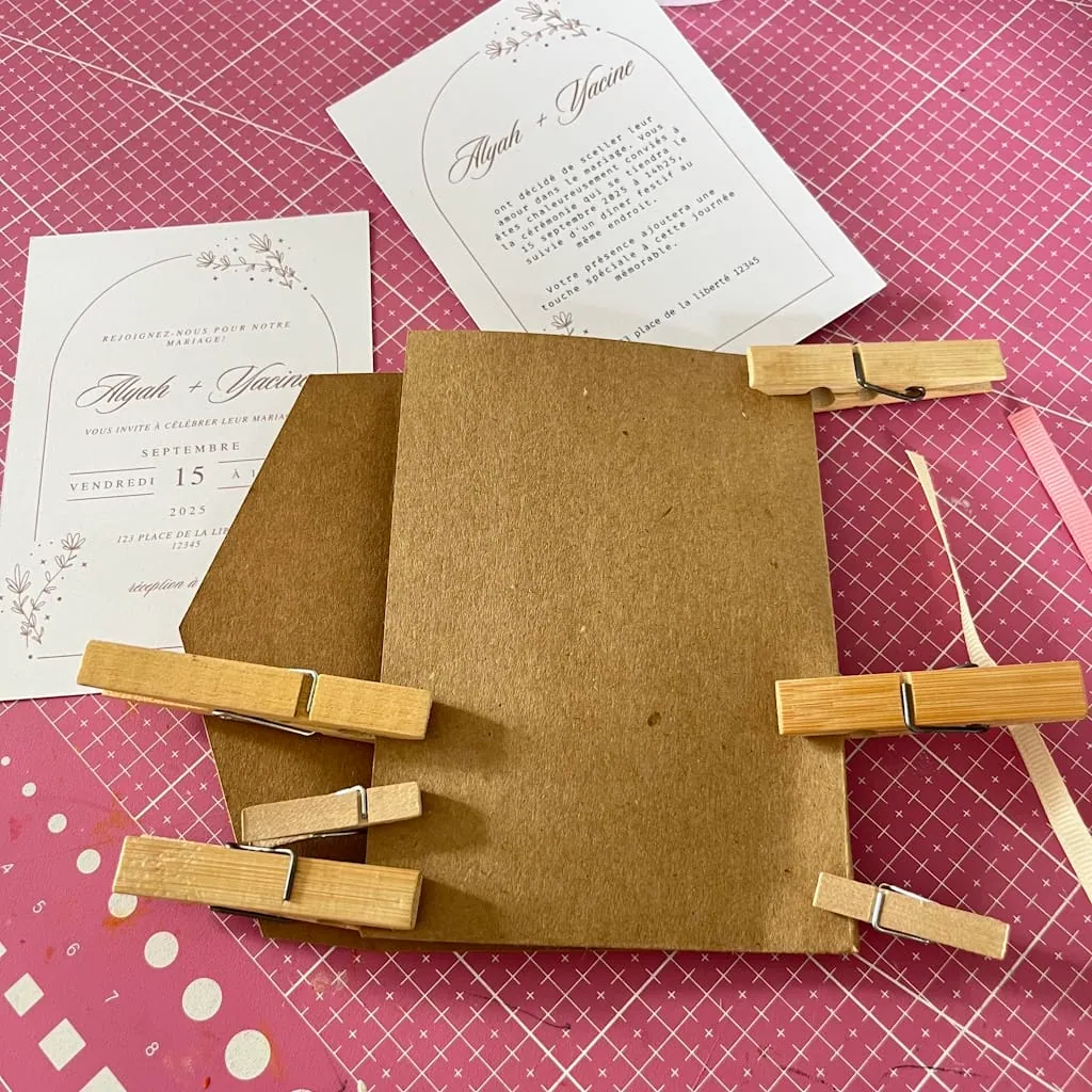 Pochette kraft collée maintenue par des pinces à linge, cartons d'invitation « Alyah + Yacine » à côté