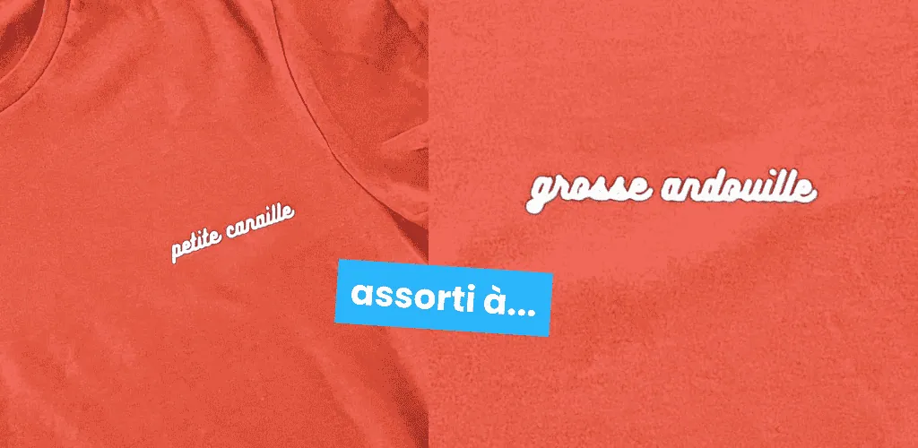 T-shirts orange assortis floqués « petite canaille » et « grosse andouille » en flex blanc