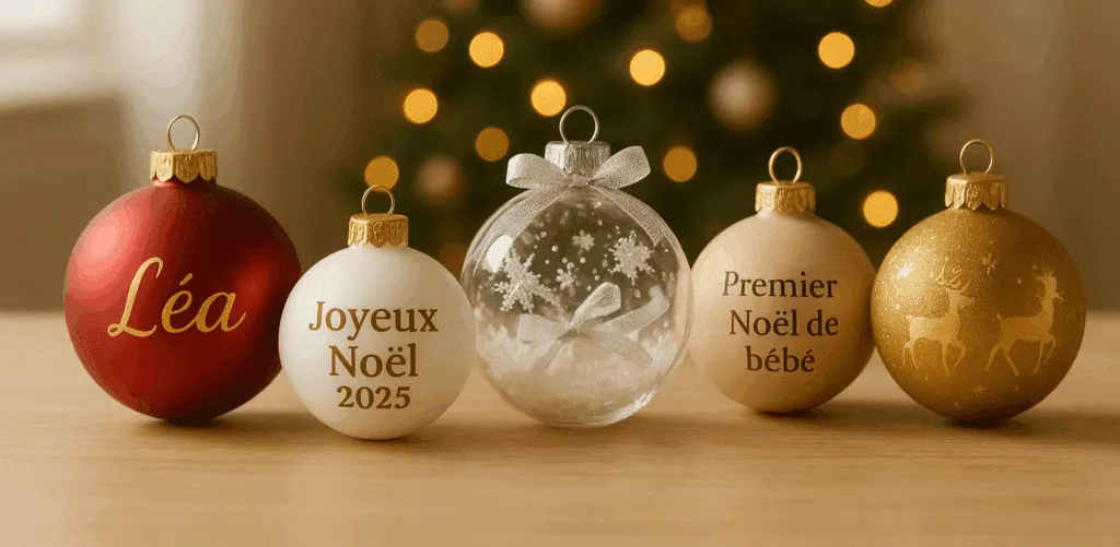 Boules de Noël personnalisées « Léa », « Joyeux Noël 2025 », « Premier Noël de bébé » et rennes dorés