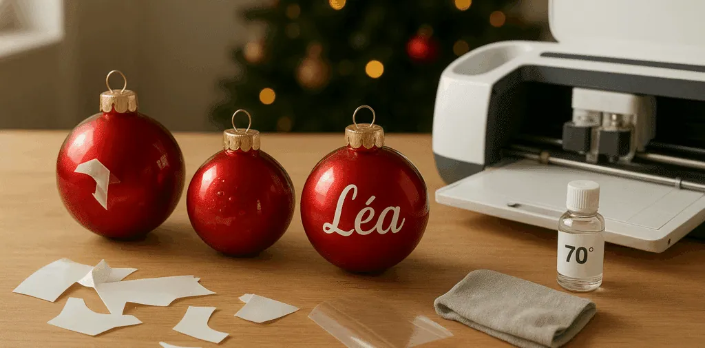 Boules de Noël rouges dont une au prénom « Léa » en vinyle blanc, chutes de vinyle et Cricut à côté