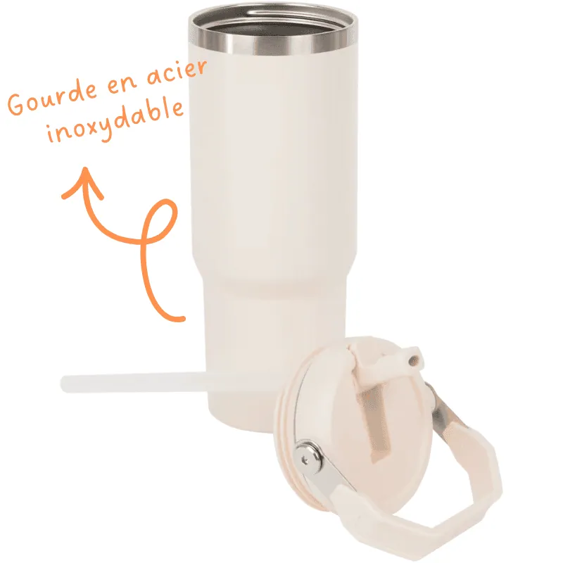 Gourde isotherme blanche en acier inoxydable avec paille et couvercle à poignée, prête à personnaliser