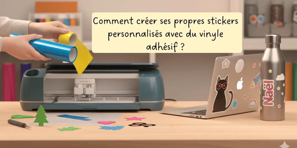 Stickers en vinyle adhésif découpés à la machine et collés sur un ordinateur et une gourde