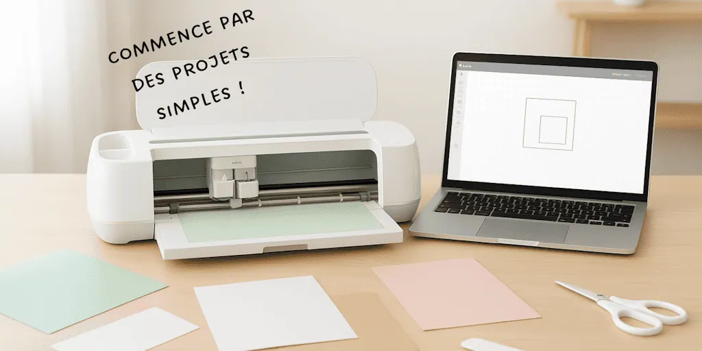 « Commence par des projets simples ! » : Cricut chargée de papier à côté d'un ordinateur portable