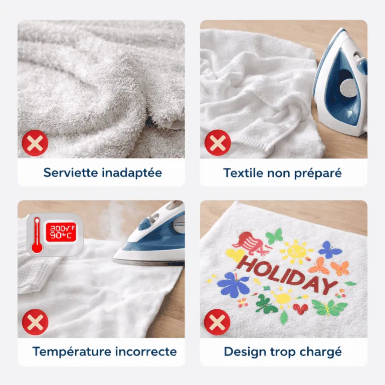 Erreurs à éviter : serviette inadaptée, textile non préparé, température incorrecte, design trop chargé
