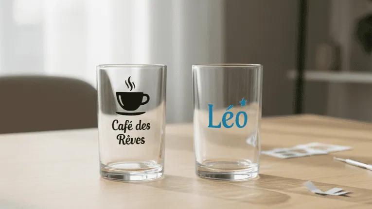 Verres personnalisés en vinyle adhésif : tasse et « Café des Rêves » en noir, prénom « Léo » en bleu