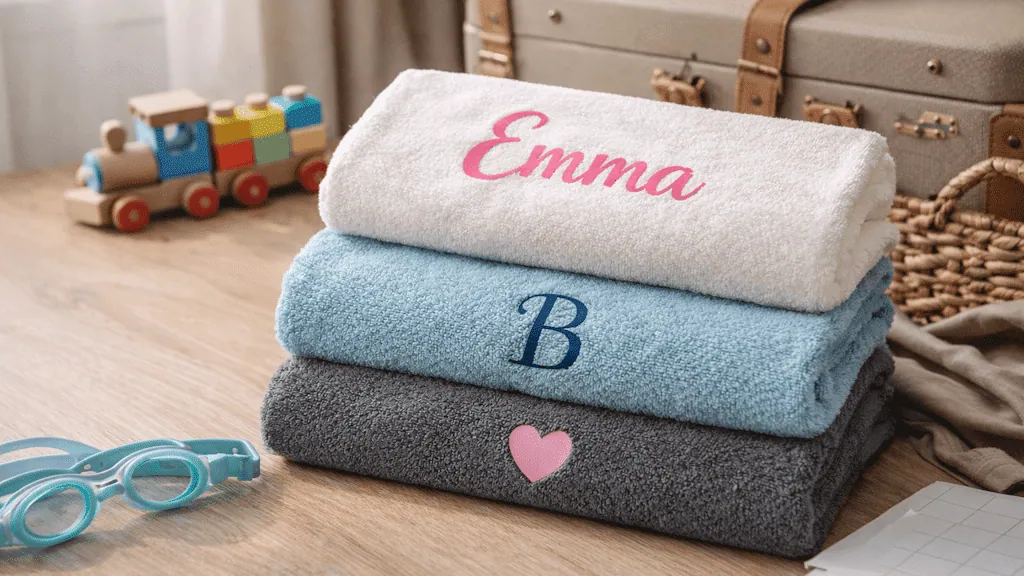 Serviettes de bain personnalisées en flex : prénom Emma en rose, initiale B et cœur rose